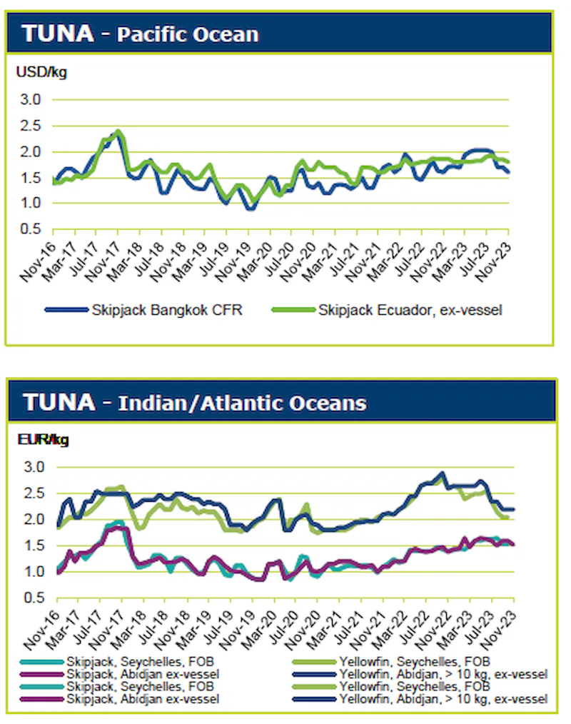 گزارش بازار آبزیان اروپا در نوامبر ۲۰۲۳ / آخرین اخبار بازار اروپا ؛ مقدار و قیمت‌های فروش ماهی تون، میگو، سالمون، قزل‌آلا، سی‌بس و سی‌بریم در اروپا