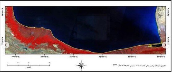 نمایش خط ساحلی دریای خزربا استفاده از موزائیک تصاویر ‏Sentinel-۲‎‏ سال ۱۳۹۹