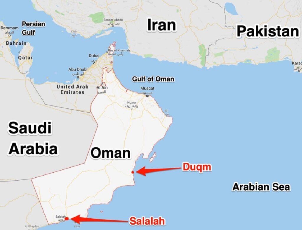 موقعیت بنادر استراتژیک صلاله و دقم عمان بر روی نقشه