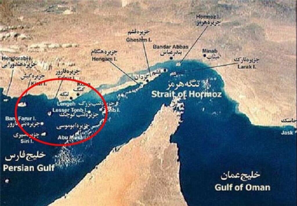 نقشه جزایر جنوب ایران و تنگه هرمز و خلیج‌فارس و دریای عمان