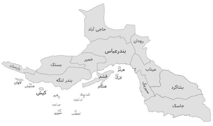 نقشه شهرستان های استان هرمزگان