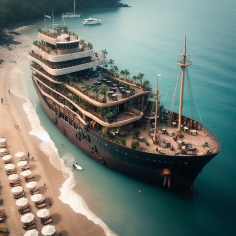 کشتی متروکه به عنوان مرکز تفریحی و نماد ساحلی جزیره هرمز و جزیره ابوموسی
